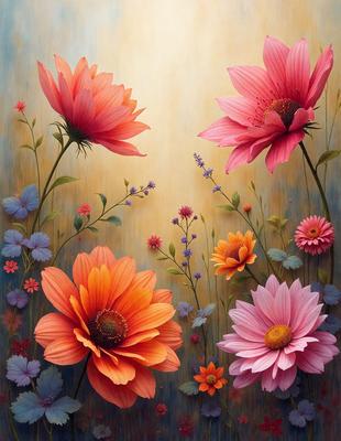 The primary subject of the image is a close-up of a flower, with a focus on its vibrant colors and intricate details. The flower is surrounded by a variety of other flowers, creating a lush and colorful scene. The setting is a garden, with the flowers blooming in a natural environment. The visual style of the image is a painting, showcasing the artist's skill in capturing the beauty of the flowers and their surroundings. The colors and mood of the painting are bright, cheerful, and full of life, reflecting the beauty and vitality of the flowers and the garden.